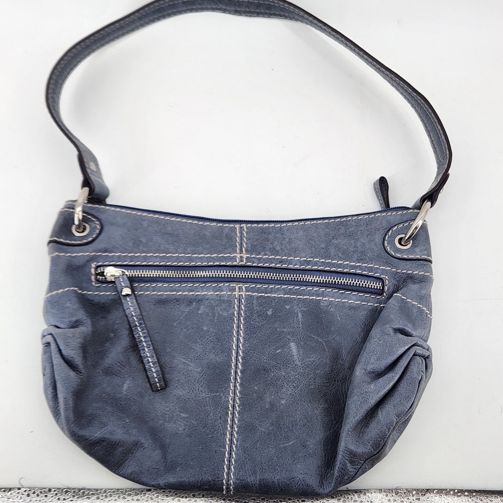 Tignanello Leather Shoulder Bag Blue Floral Boho‎ Purse Zip Pocket